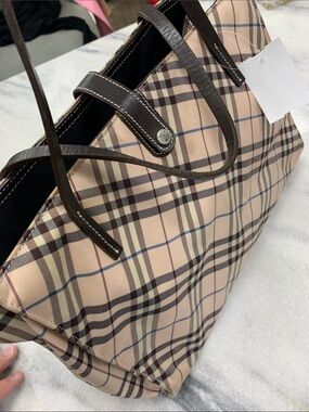 Burberry Beige Plaid Tote with Dark Brown Trim
